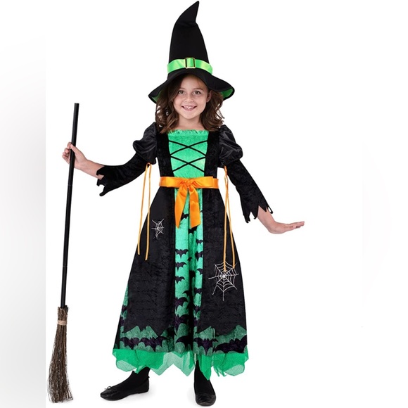 Green Witch Costume for Girls, Evil Fairytale Witch Costume Deluxe Set w Hat NEW - Picture 3 of 7